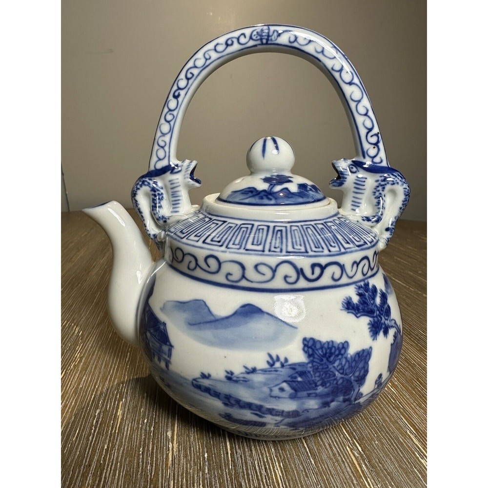 Chinese B/W Teapot, Yongzheng Mark, Water Dragons, River Landscape Village Scene
